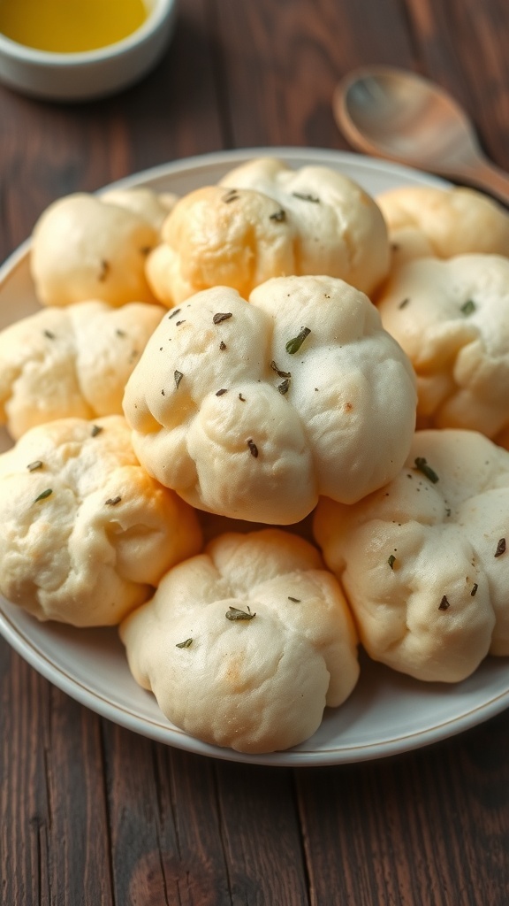 Fluffy Cloud Bread Recipe Without Cream Cheese Fluffy cloud bread pieces on a plate, garnished with herbs, on a rustic wooden table.